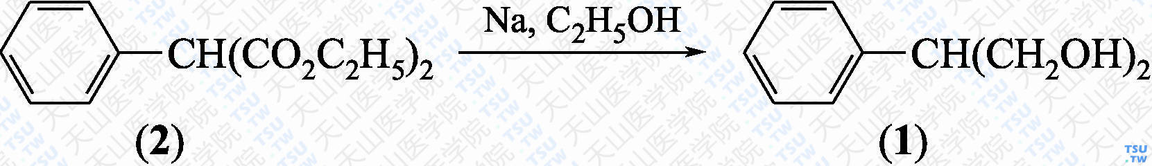 2-苯基-1，3-丙二醇（分子式：C<sub>9</sub>H<sub>12</sub>O<sub>2</sub>）的合成方法路线及其结构式