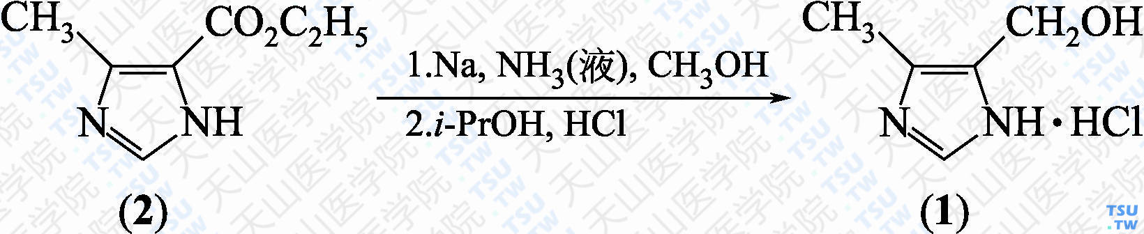 4-甲基-5-羟甲基咪唑盐酸盐（分子式：C<sub>5</sub>H<sub>8</sub>N<sub>2</sub>O·HCl）的合成方法路线及其结构式