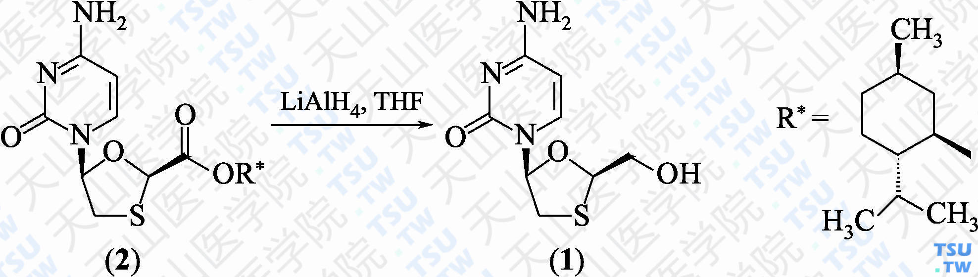 拉米夫定（分子式：C<sub>8</sub>H<sub>11</sub>N<sub>3</sub>O<sub>3</sub>S）的合成方法路线及其结构式