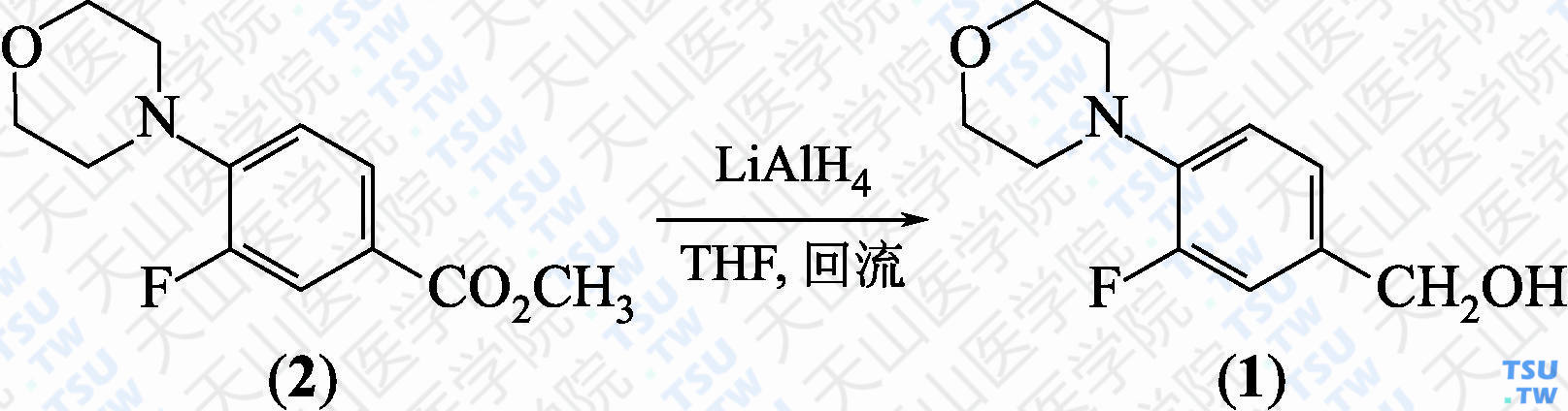 3-氟-4-吗啉基苯基甲醇（分子式：C<sub>11</sub>H<sub>14</sub>FNO<sub>2</sub>）的合成方法路线及其结构式