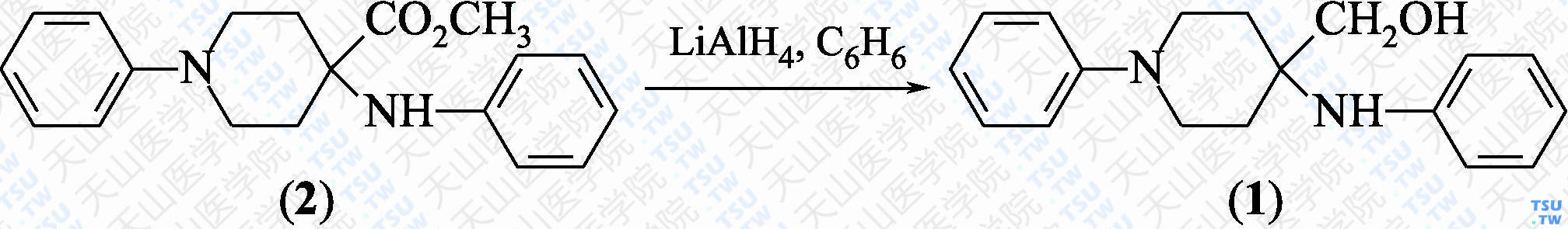 1-苄基-4-苯氨基-4-哌啶甲醇（分子式：C<sub>18</sub>H<sub>22</sub>N<sub>2</sub>O）的合成方法路线及其结构式