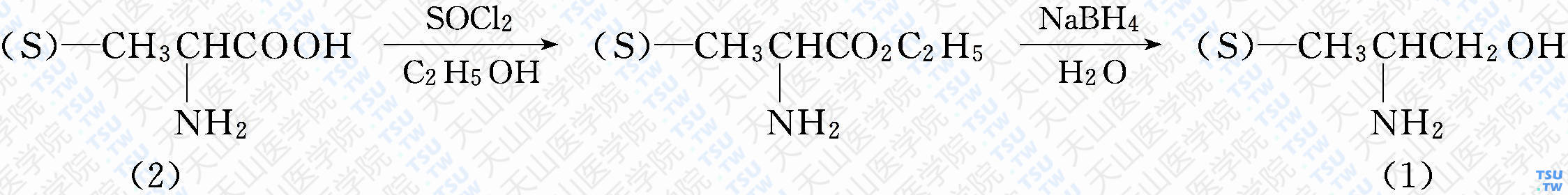 （<i>S</i>）-（+）-2-氨基丙醇（分子式：C<sub>3</sub>H<sub>9</sub>NO）的合成方法路线及其结构式