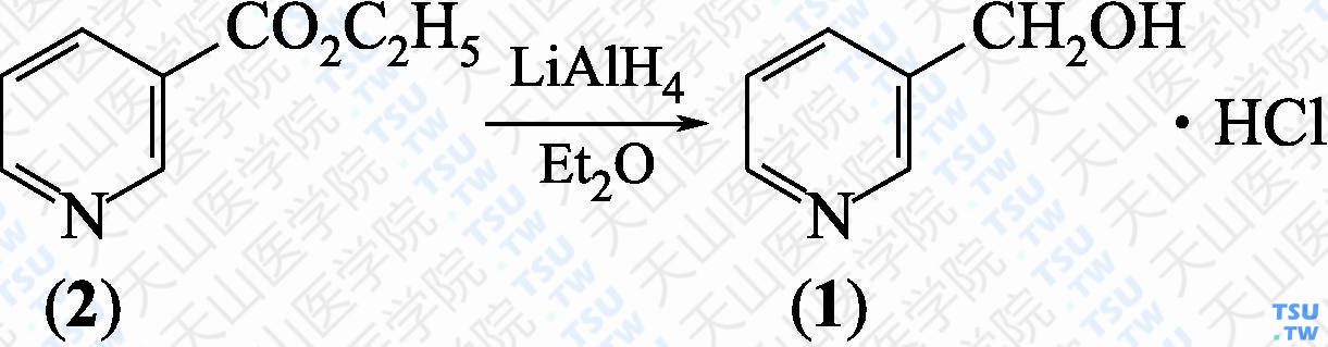3-吡啶甲醇盐酸盐（分子式：C<sub>6</sub>H<sub>7</sub>NO·HCl）的合成方法路线及其结构式