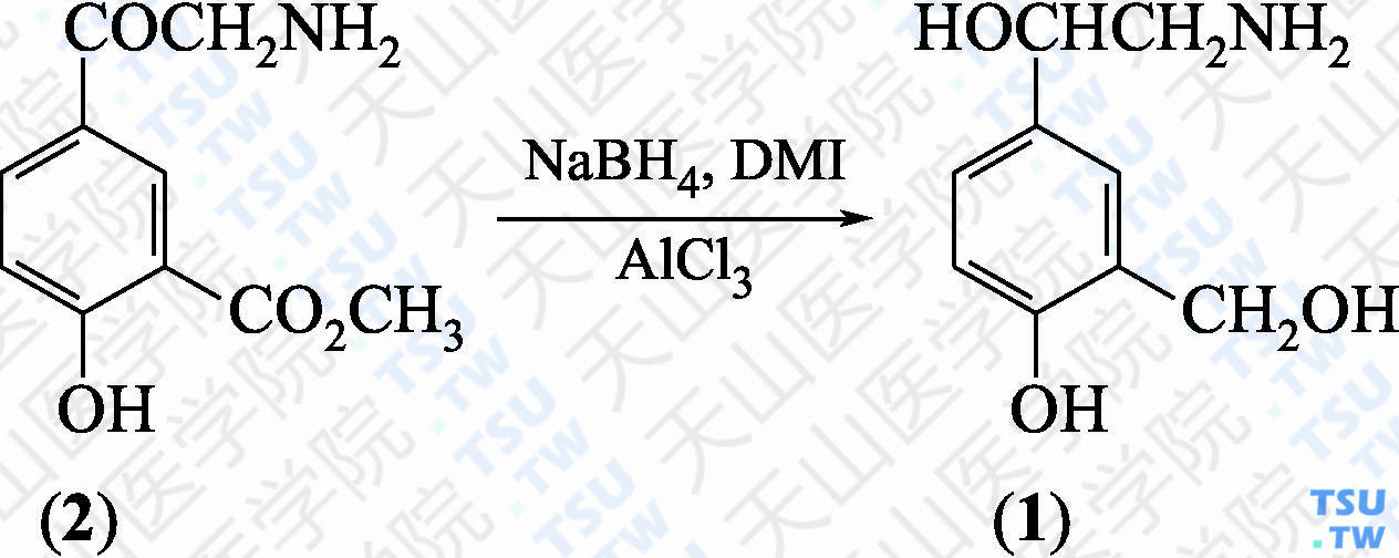 4-（2-氨基-1-羟乙基）-2-羟甲基苯酚（分子式：C<sub>9</sub>H<sub>13</sub>NO<sub>3</sub>）的合成方法路线及其结构式
