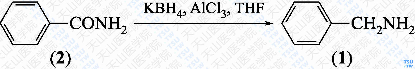 苄胺（分子式：C<sub>7</sub>H<sub>9</sub>N）的合成方法路线及其结构式