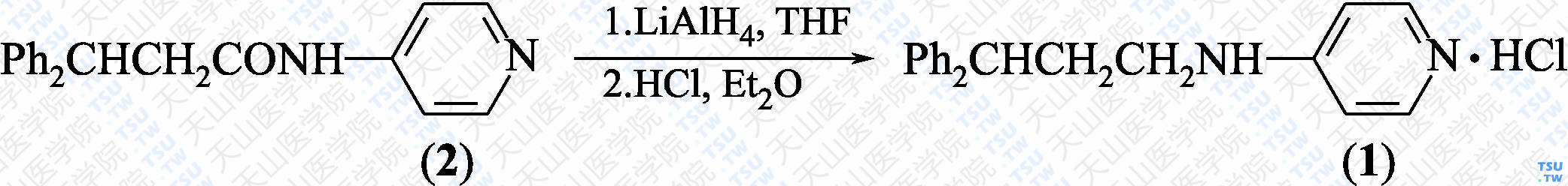 盐酸米尔维林（分子式：C<sub>20</sub>H<sub>20</sub>N<sub>2</sub>·HCl）的合成方法路线及其结构式