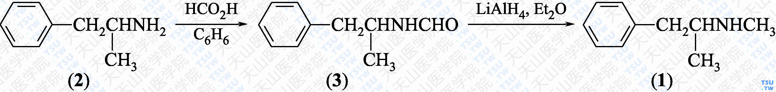 L-<i>N</i>，2-二甲基苯乙胺（分子式：C<sub>10</sub>H<sub>15</sub>N）的合成方法路线及其结构式
