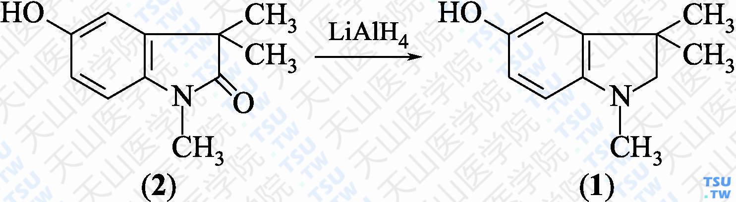 1，3，3-三甲基-5-羟基吲哚满盐酸盐（分子式：C<sub>11</sub>H<sub>15</sub>NO·HCl）的合成方法路线及其结构式