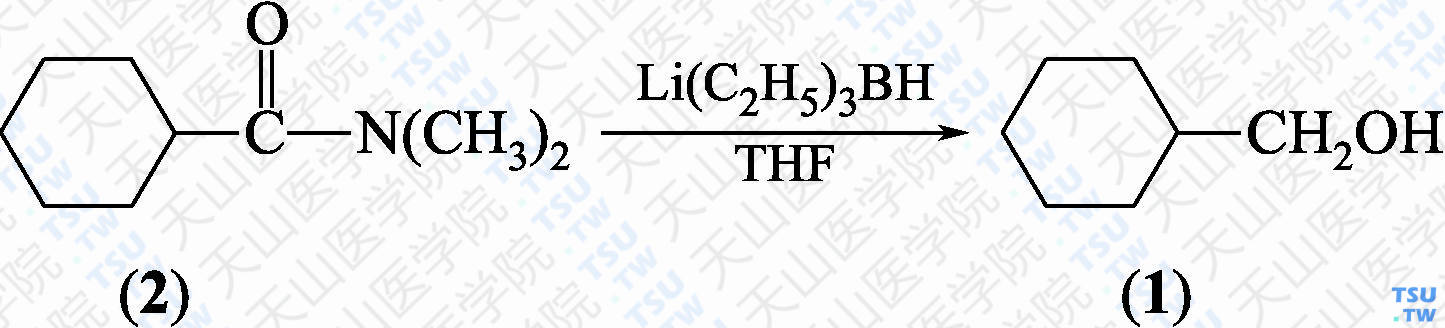 环己基甲醇（分子式：C<sub>7</sub>H<sub>14</sub>O）的合成方法路线及其结构式