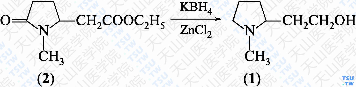 1-甲基-2-（<i>β</i>-羟乙基）四氢吡咯（分子式：C<sub>7</sub>H<sub>15</sub>NO）的合成方法路线及其结构式