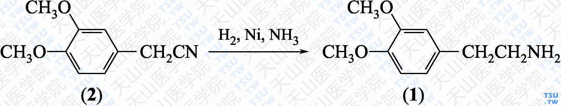 3，4-二甲氧基苯乙胺（分子式：C<sub>10</sub>H<sub>15</sub>NO<sub>2</sub>）的合成方法路线及其结构式