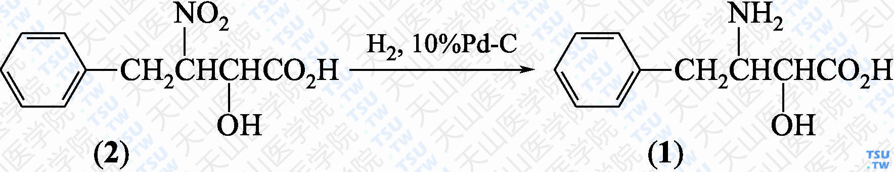 3-氨基-2-羟基-4-苯基丁酸（分子式：C<sub>10</sub>H<sub>13</sub>NO<sub>3</sub>）的合成方法路线及其结构式