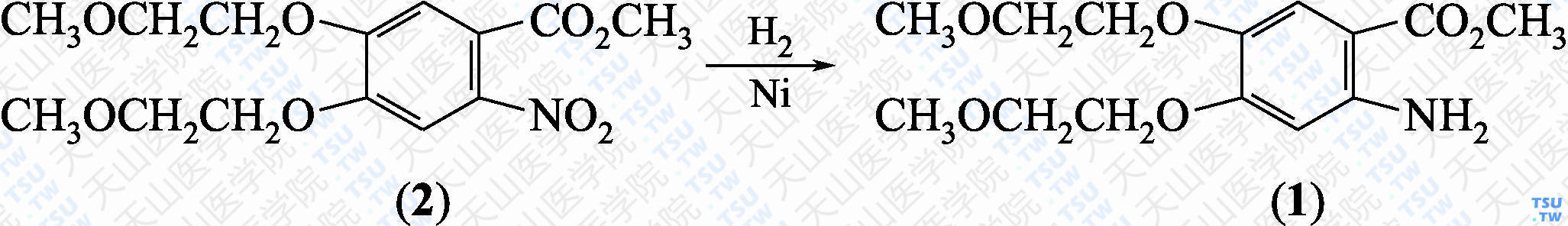 2-氨基-4，5-二-（2-甲氧基乙氧基）-苯甲酸甲酯（分子式：C<sub>14</sub>H<sub>21</sub>NO<sub>6</sub>）的合成方法路线及其结构式