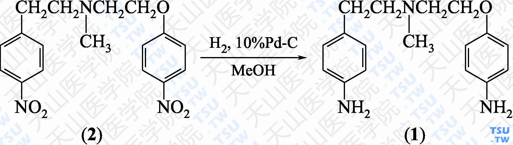 4-[2-[（4-氨基苯乙基）（甲基）氨基]乙氧基]苯胺（分子式：C<sub>17</sub>H<sub>23</sub>N<sub>3</sub>O）的合成方法路线及其结构式