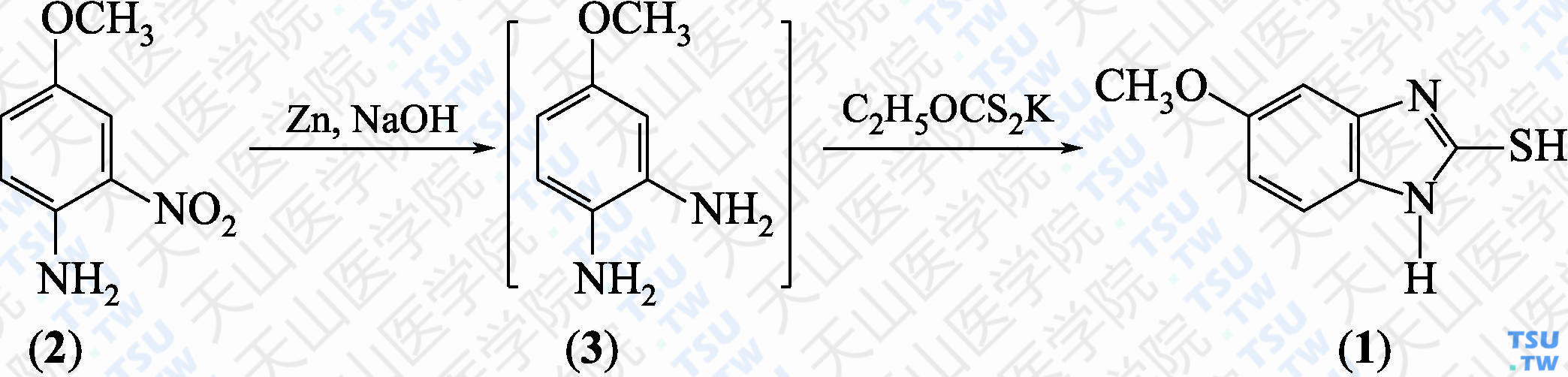 2-巯基-5-甲氧基-1<i>H</i>-苯并咪唑（分子式：C<sub>8</sub>H<sub>8</sub>N<sub>2</sub>OS）的合成方法路线及其结构式