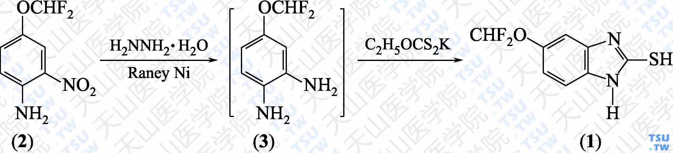 2-巯基-5-二氟甲氧基-1<i>H</i>-苯并咪唑（分子式：C<sub>8</sub>H<sub>6</sub>F<sub>2</sub>N<sub>2</sub>OS）的合成方法路线及其结构式