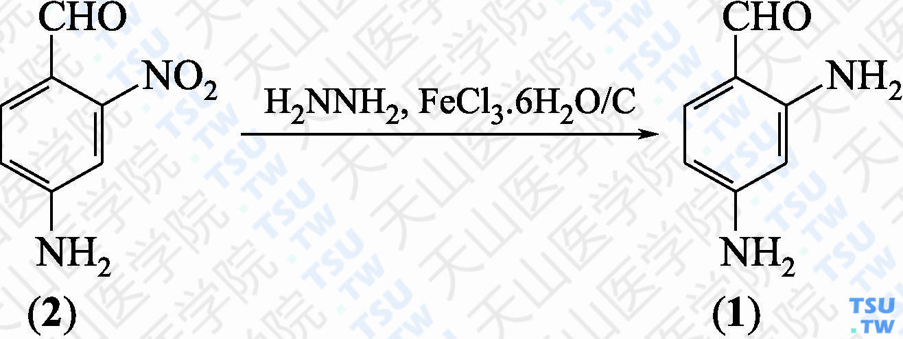2，4-二氨基苯甲醛（分子式：C<sub>7</sub>H<sub>8</sub>N<sub>2</sub>O）的合成方法路线及其结构式