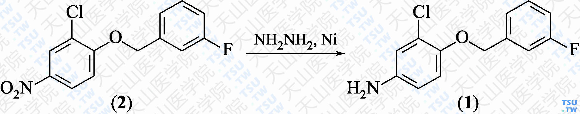 3-氯-4-（3-氟苄氧基）苯胺（分子式：C<sub>13</sub>H<sub>11</sub>ClFNO）的合成方法路线及其结构式