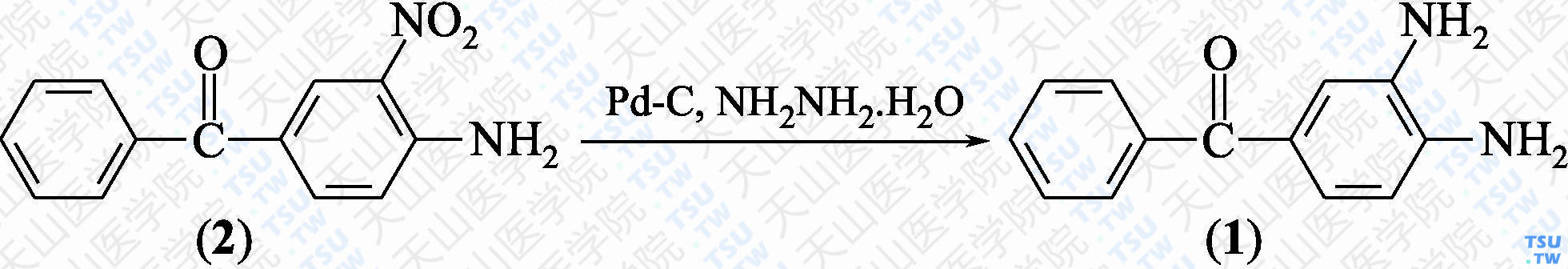 3，4-二氨基二苯甲酮（分子式：C<sub>13</sub>H<sub>12</sub>N<sub>2</sub>O）的合成方法路线及其结构式