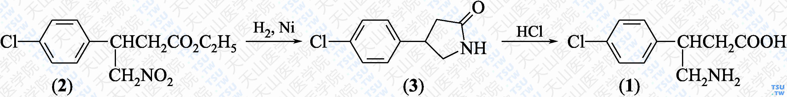 <i>β</i>-氨甲基-对氯氢化肉桂酸（分子式：C<sub>10</sub>H<sub>12</sub>ClNO<sub>2</sub>）的合成方法路线及其结构式