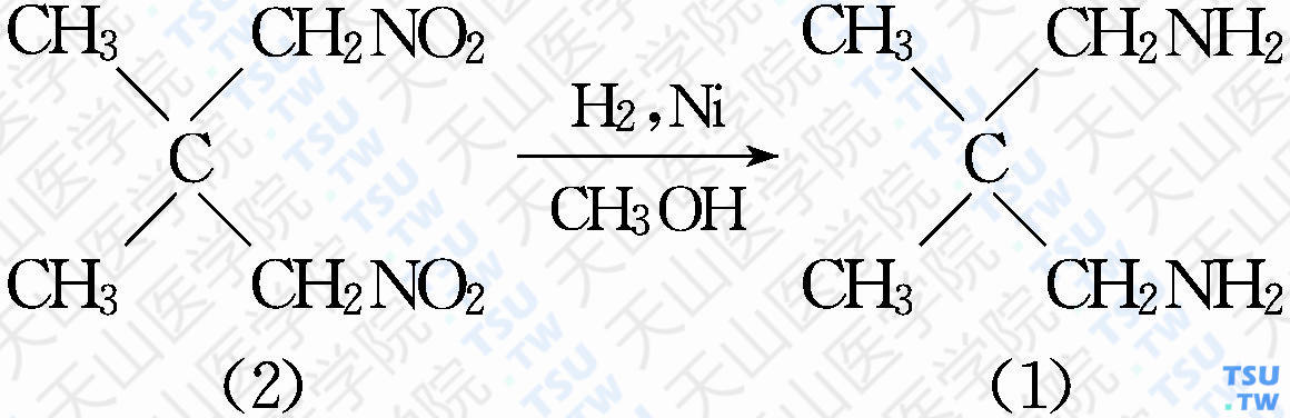 2，2-二甲基-1，3-丙二胺（分子式：C<sub>5</sub>H<sub>14</sub>N<sub>2</sub>）的合成方法路线及其结构式