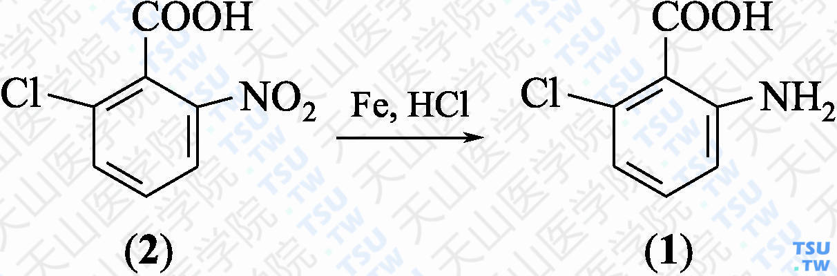2-氨基-6-氯苯甲酸（分子式：C<sub>7</sub>H<sub>6</sub>ClNO<sub>2</sub>）的合成方法路线及其结构式