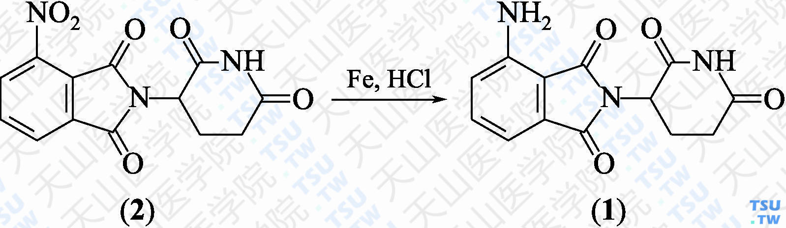 泊马度胺（分子式：C<sub>13</sub>H<sub>11</sub>N<sub>3</sub>O<sub>4</sub>）的合成方法路线及其结构式