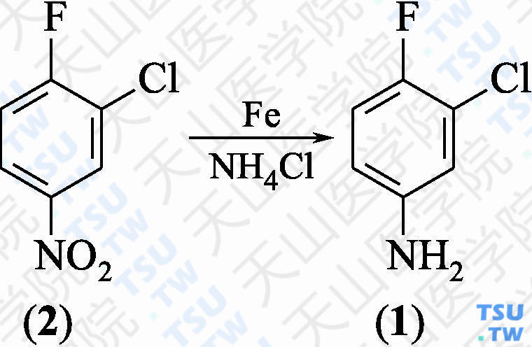 3-氯-4-氟苯胺（分子式：C<sub>6</sub>H<sub>5</sub>ClFN）的合成方法路线及其结构式