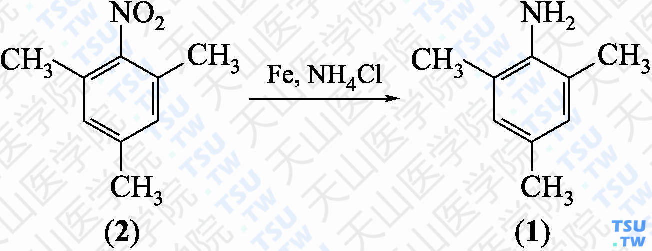 2，4，6-三甲基苯胺（分子式：C<sub>9</sub>H<sub>13</sub>N）的合成方法路线及其结构式