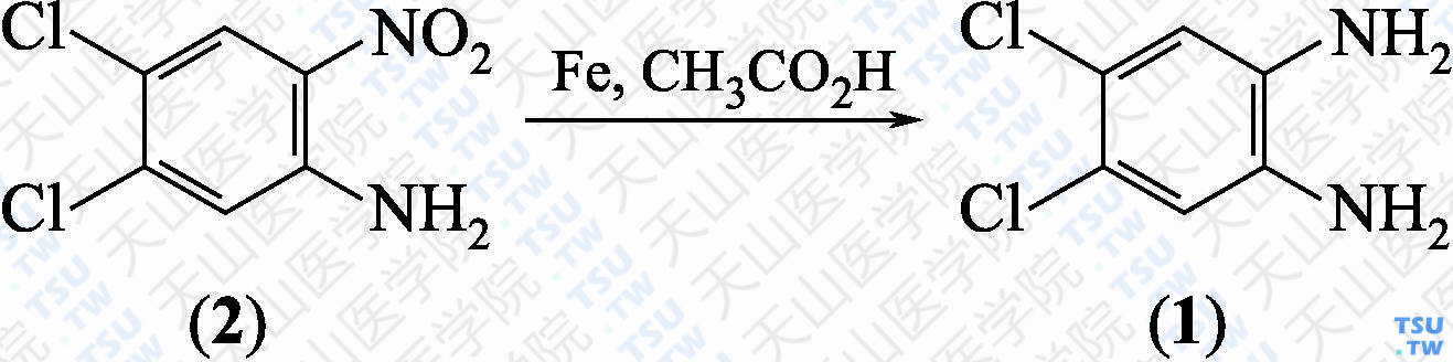 4，5-二氯邻苯二胺（分子式：C<sub>6</sub>H<sub>6</sub>Cl<sub>2</sub>N<sub>2</sub>）的合成方法路线及其结构式