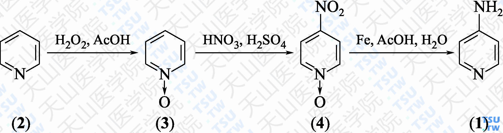 4-氨基吡啶（分子式：C<sub>5</sub>H<sub>6</sub>N<sub>2</sub>）的合成方法路线及其结构式