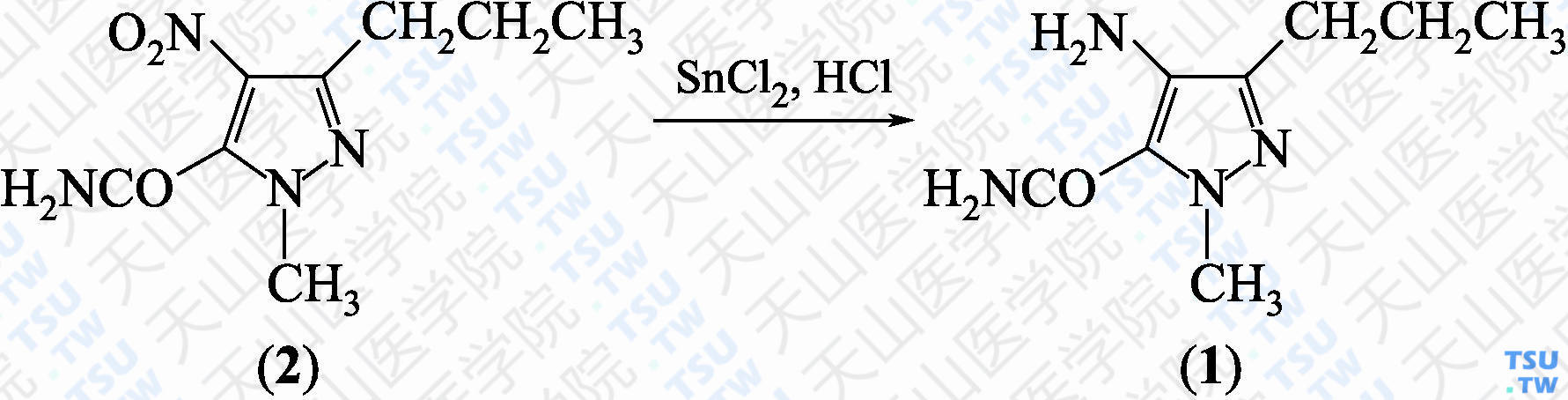 4-氨基-1-甲基-3-丙基-1<i>H</i>-吡唑-5-甲酰胺（分子式：C<sub>8</sub>H<sub>14</sub>N<sub>4</sub>O）的合成方法路线及其结构式