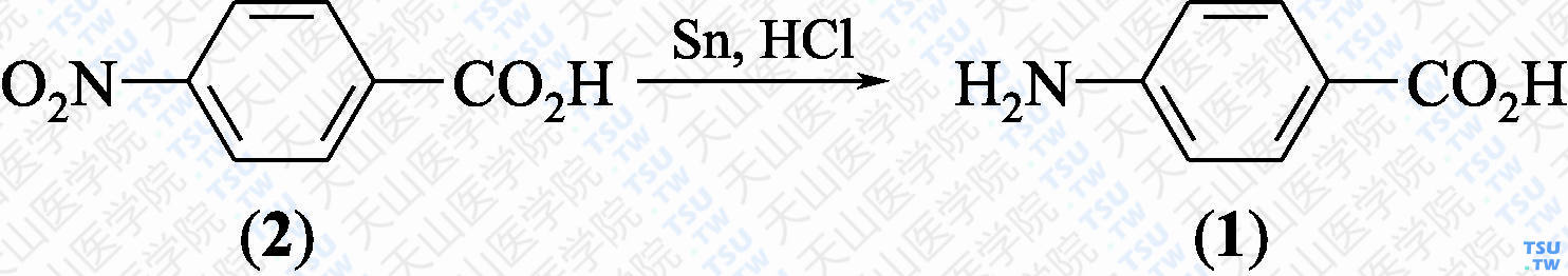 对氨基苯甲酸（分子式：C<sub>7</sub>H<sub>7</sub>NO<sub>2</sub>）的合成方法路线及其结构式