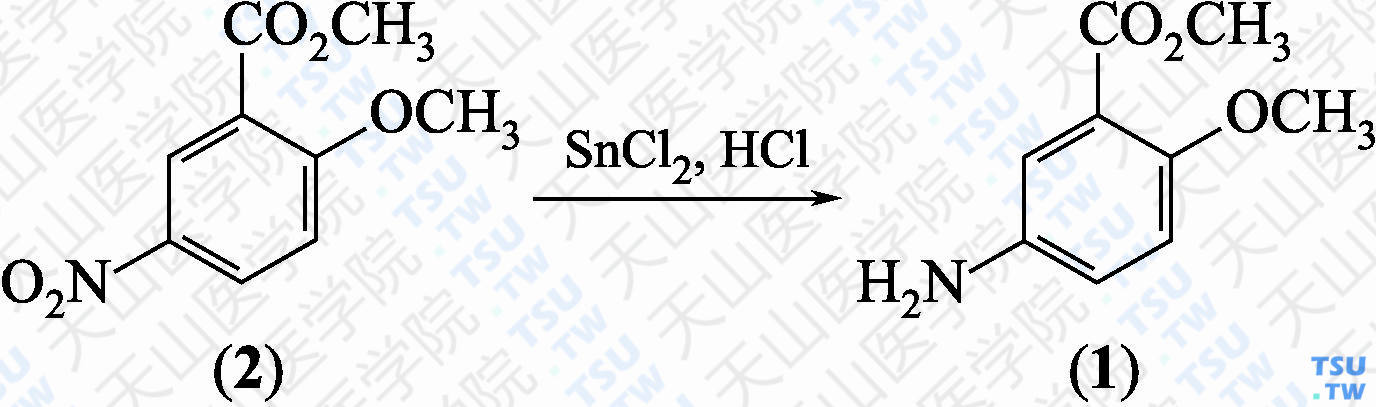 5-氨基-2-甲氧基苯甲酸甲酯（分子式：C<sub>9</sub>H<sub>11</sub>NO<sub>3</sub>）的合成方法路线及其结构式