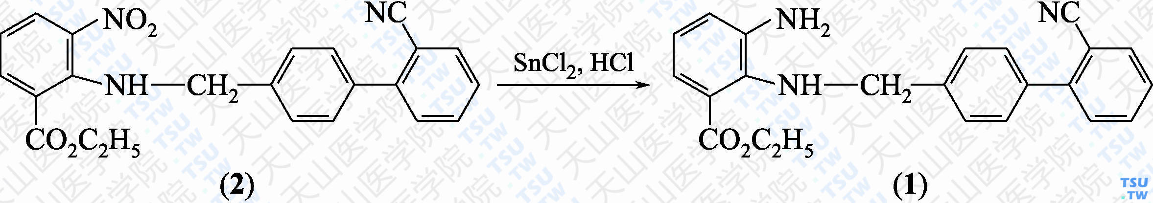 2-[[（2'-氰基联苯基）-4-基]甲基]-氨基-3-氨基苯甲酸乙酯（分子式：C<sub>23</sub>H<sub>21</sub>N<sub>3</sub>O<sub>2</sub>）的合成方法路线及其结构式