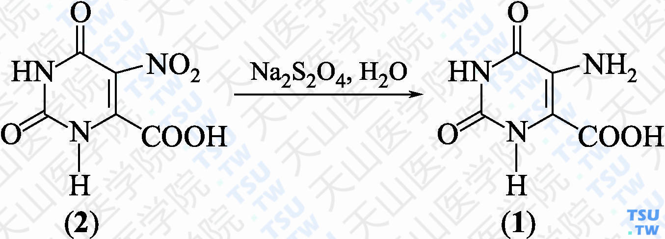 5-氨基乳清酸（分子式：C<sub>5</sub>H<sub>5</sub>N<sub>3</sub>O<sub>4</sub>）的合成方法路线及其结构式