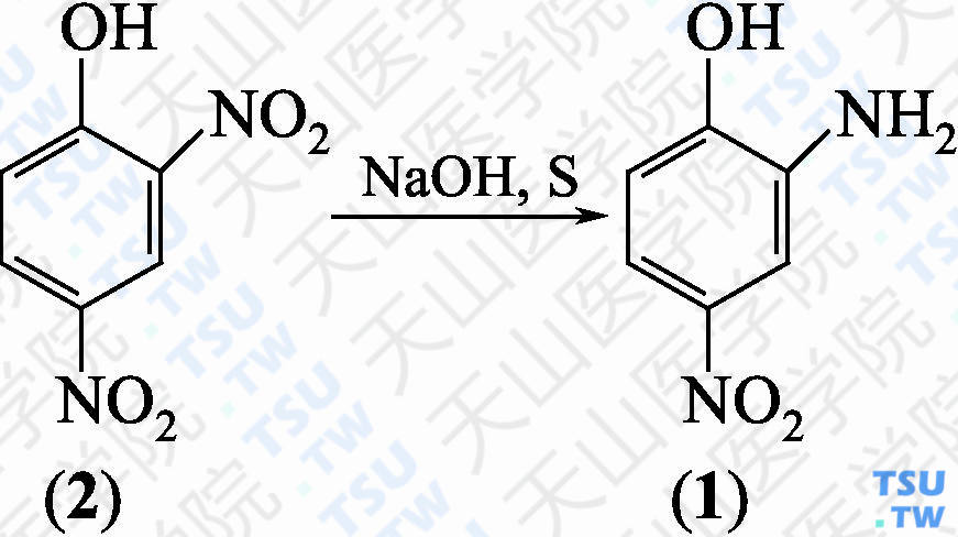2-氨基-4-硝基苯酚（分子式：C<sub>6</sub>H<sub>6</sub>N<sub>2</sub>O<sub>3</sub>）的合成方法路线及其结构式