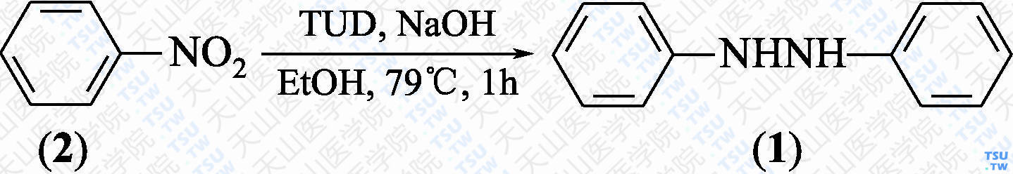 1，2-二苯基肼（分子式：C<sub>12</sub>H<sub>12</sub>N<sub>2</sub>）的合成方法路线及其结构式