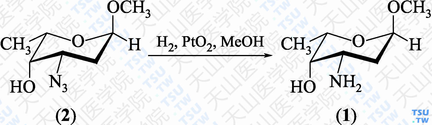 甲基-2，3，6-三脱氧-3-氨基-<i>α</i>-L-来苏型-己吡喃糖苷（分子式：C<sub>7</sub>H<sub>15</sub>NO<sub>3</sub>）的合成方法路线及其结构式