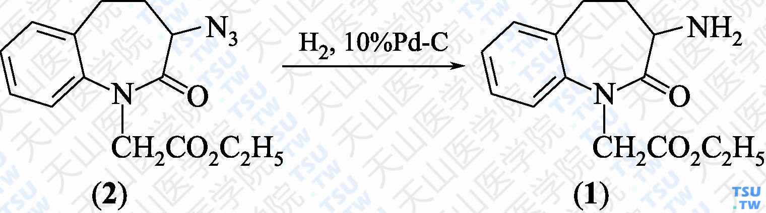 2-（3-氨基-2-氧代-2，3，4，5-四氢苯并[<i>b</i>]氮杂䓬-1-基）乙酸乙酯（分子式：C<sub>14</sub>H<sub>18</sub>N<sub>2</sub>O<sub>3</sub>）的合成方法路线及其结构式