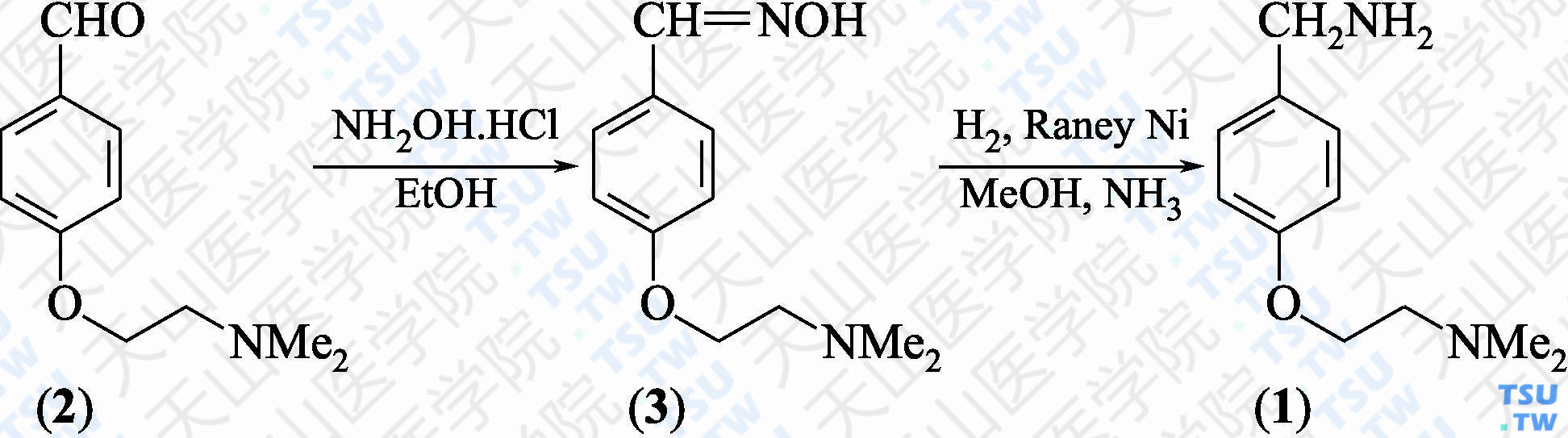 4-[2-（二甲基氨基）乙氧基]苄胺（分子式：C<sub>11</sub>H<sub>18</sub>N<sub>2</sub>O）的合成方法路线及其结构式
