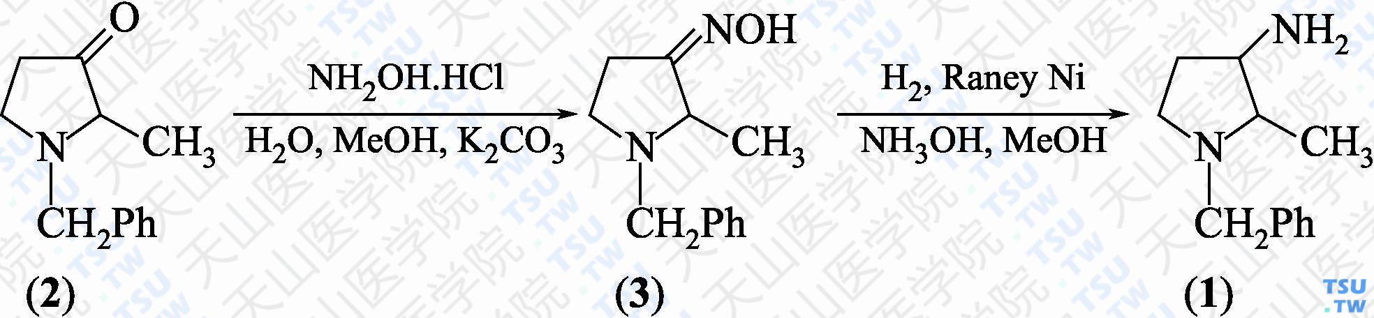 3-氨基-1-苄基-2-甲基吡咯烷（分子式：C<sub>12</sub>H<sub>18</sub>N<sub>2</sub>）的合成方法路线及其结构式