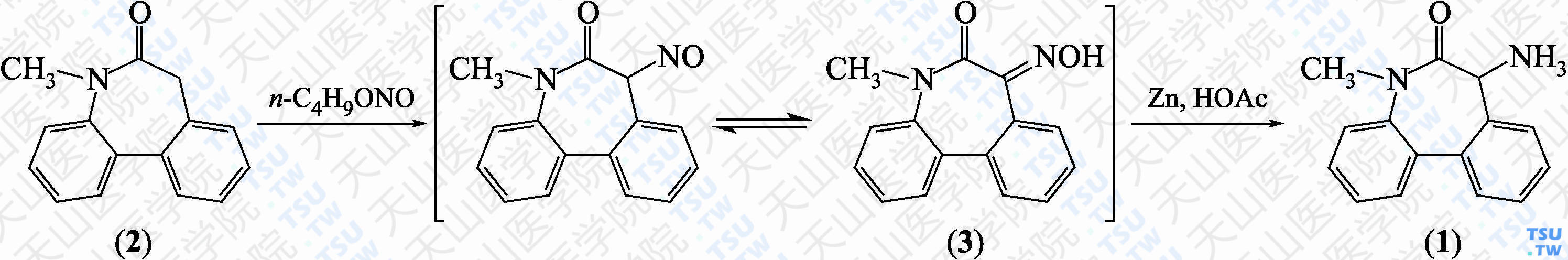 5-甲基-7-氨基-5<i>H</i>，7<i>H</i>-二苯并[<i>b</i>，<i>d</i>]氮杂环庚-6-酮（分子式：C<sub>15</sub>H<sub>15</sub>N<sub>2</sub>O）的合成方法路线及其结构式