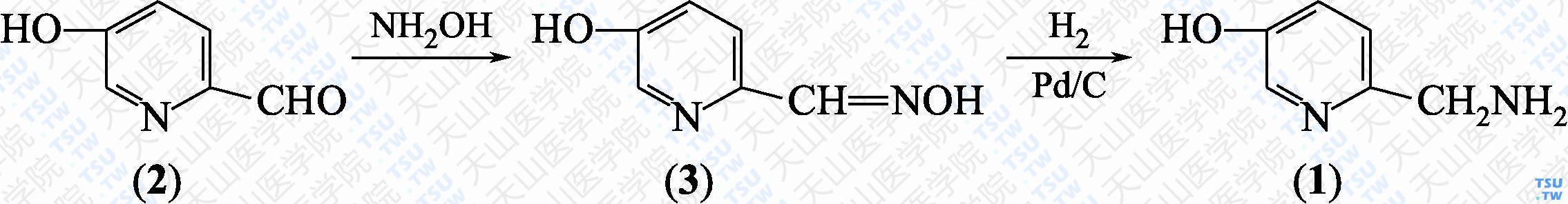 2-氨甲基5-羟基吡啶（分子式：C<sub>6</sub>H<sub>8</sub>N<sub>2</sub>O）的合成方法路线及其结构式