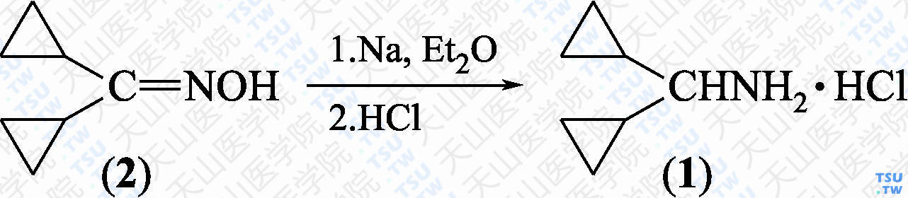 二环丙基甲胺盐酸盐（分子式：C<sub>7</sub>H<sub>13</sub>N·HCl）的合成方法路线及其结构式
