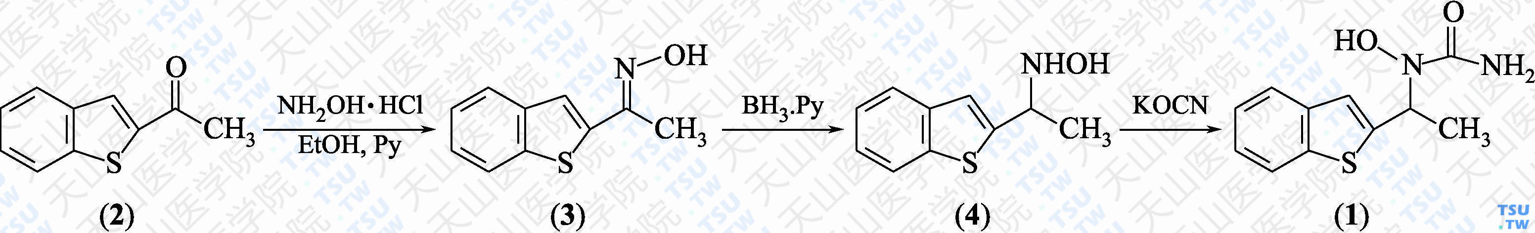 齐留通（分子式：C<sub>11</sub>H<sub>12</sub>N<sub>2</sub>O<sub>2</sub>S）的合成方法路线及其结构式