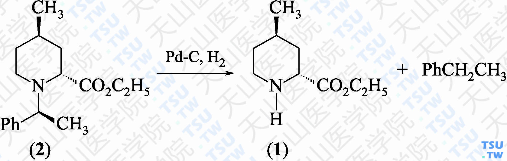 （2<i>R</i>，4<i>R</i>）-4-甲基-2-哌啶甲酸乙酯（分子式：C<sub>9</sub>H<sub>17</sub>NO<sub>2</sub>）的合成方法路线及其结构式