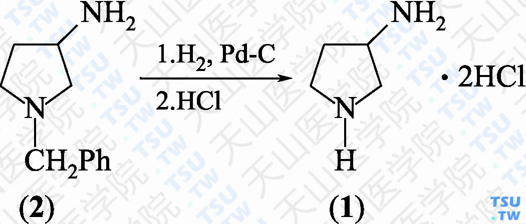 3-氨基吡咯啉二盐酸盐（分子式：C<sub>4</sub>H<sub>10</sub>N<sub>2</sub>·2HCl）的合成方法路线及其结构式