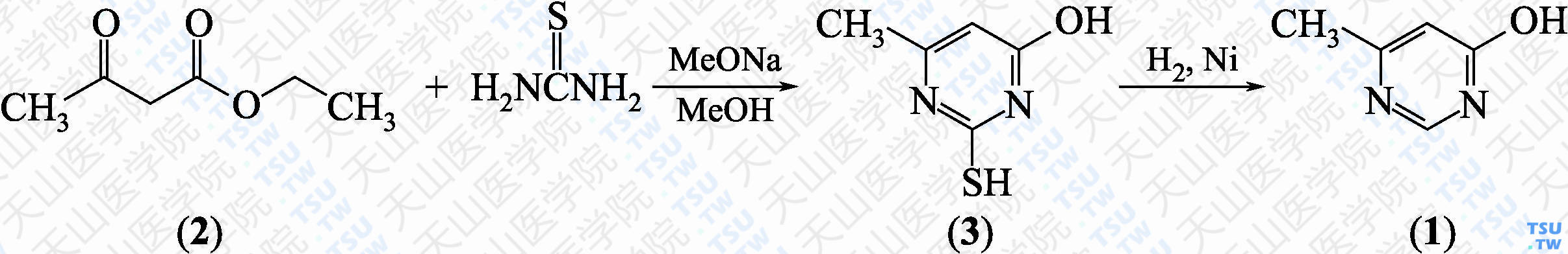 4-甲基-6-羟基嘧啶（分子式：C<sub>5</sub>H<sub>6</sub>N<sub>2</sub>O）的合成方法路线及其结构式