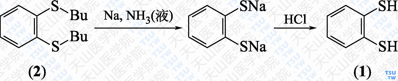 邻苯二硫酚（分子式：C<sub>6</sub>H<sub>6</sub>S<sub>2</sub>）的合成方法路线及其结构式
